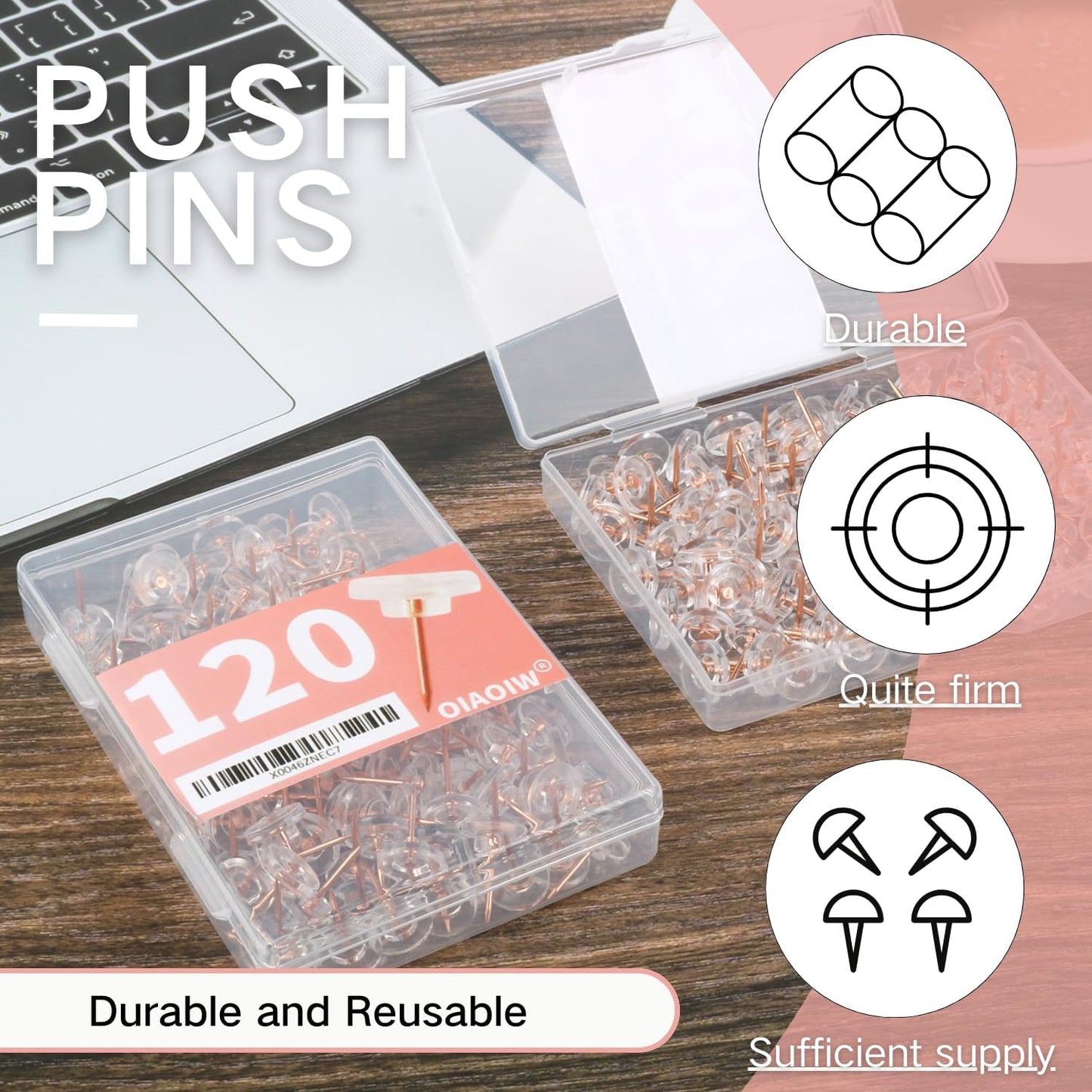 150 PCS Clear Push Pins Tacks Count in Reusable Box for Bulletin Boards and Wall Displays Heavy Duty Plastic Head