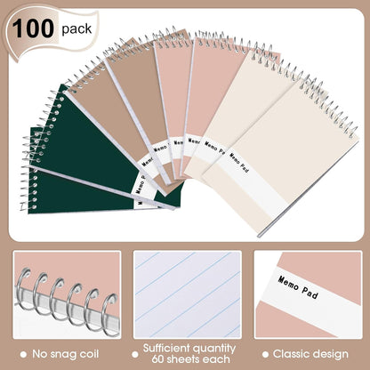 Thenshop 100 Pads Spiral Memo Pads Bulk 3 x 5 Inch Small Pocket Notepad Top Bound Lined 60 Sheets Mini Notebooks for School College Office Home Supplies (Fresh Colors)