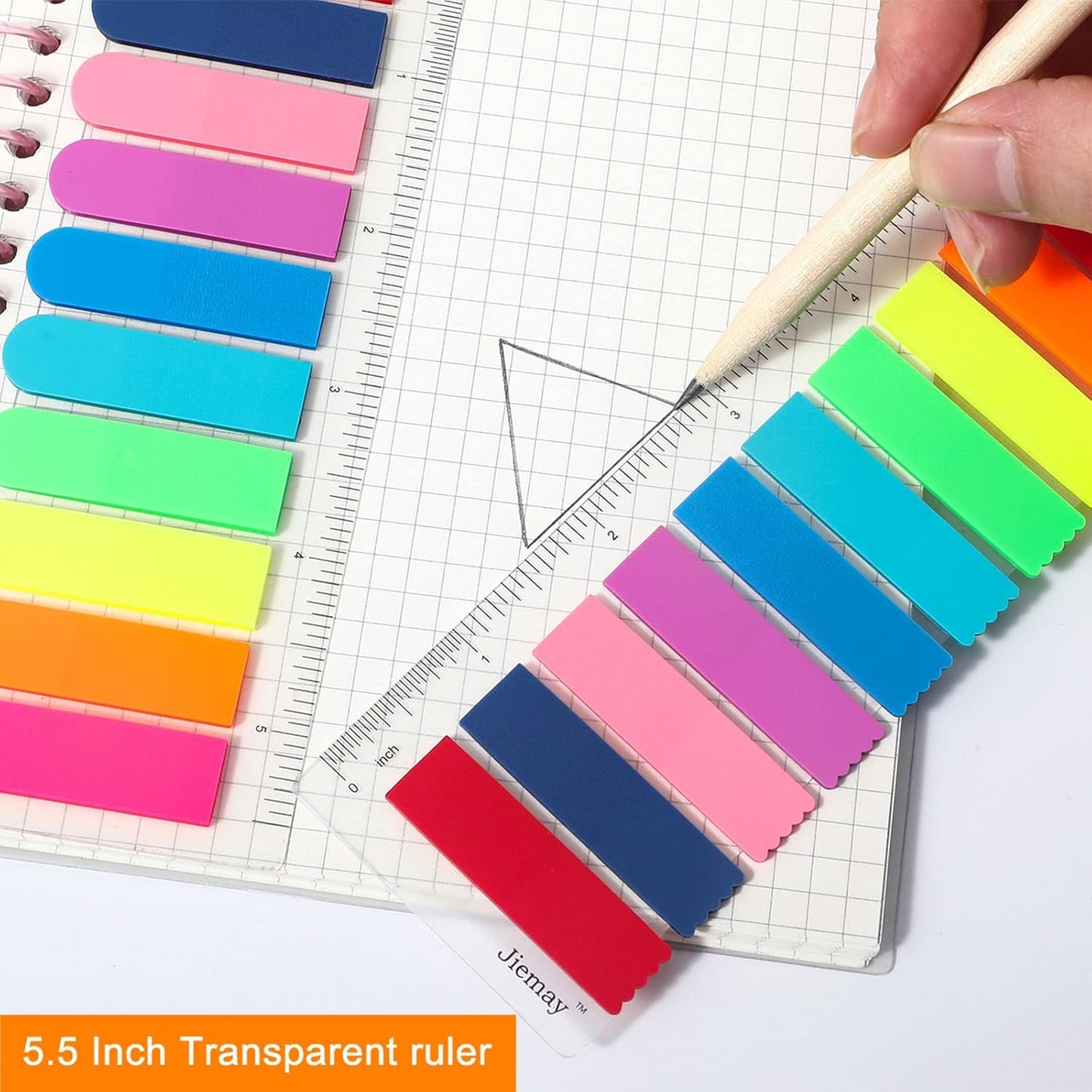 2000pcs Neon Page Markers Sticky Tabs, 10 Bright Colors & 5 Shapes Translucent Writable Flags, Index Tabs for Books/Notebooks/Office, with 5.5" Ruler (Arrow/Wave/Semicircle)
