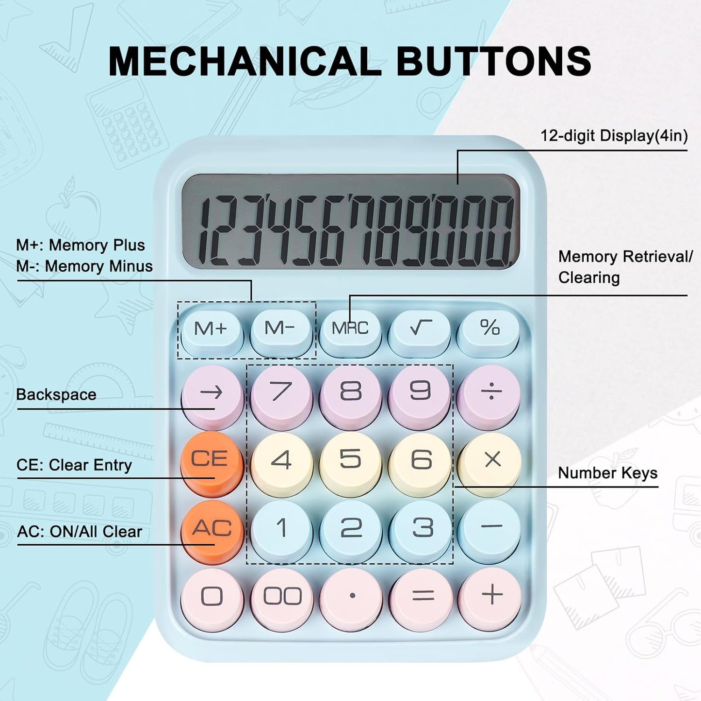Mechanical Switch Calculator with Big Buttons, Calculators Desktop, 12 Digits, Large LCD Display, Desk Calculator, Cute Pink Calculators for Teachers Students Basic Office (Pink)