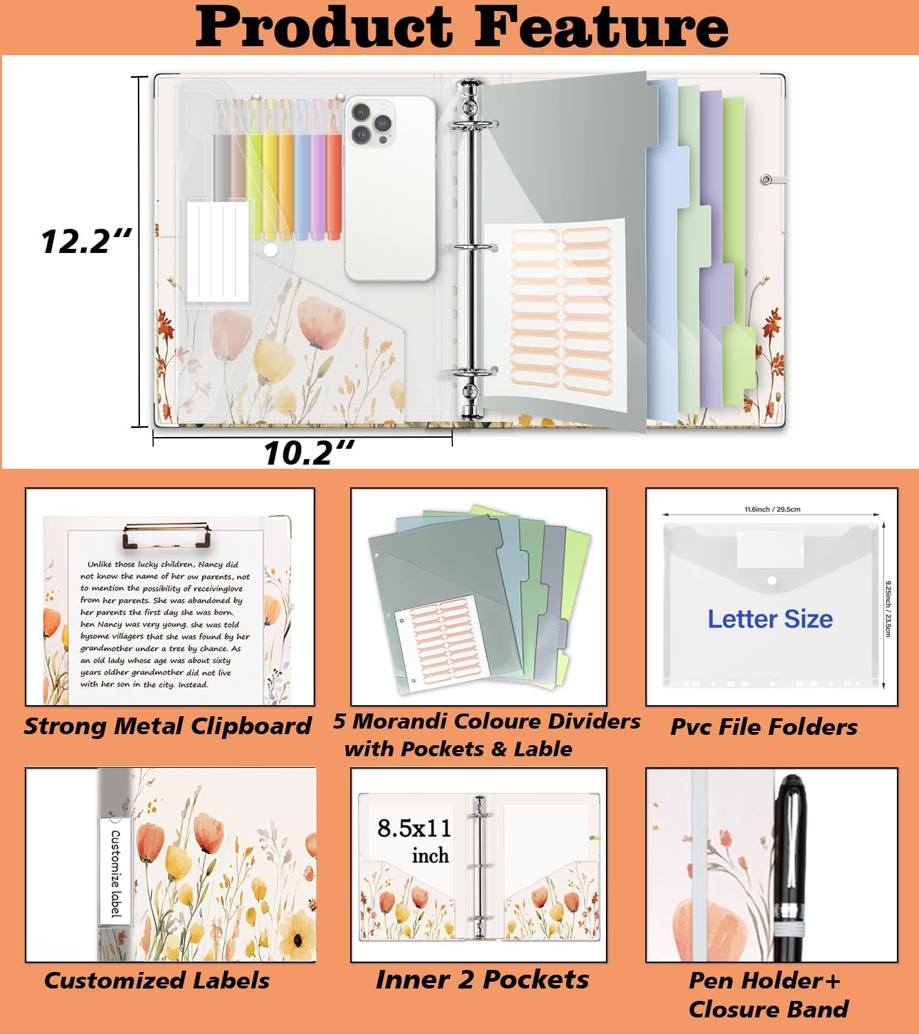 3 Ring Binder 1 Inch, Three Ring Binders Organizer with Clipboard, 5-Tabs Pockets Dividers, Plastic Folder, 18 Divider Stikers, BVSSX Pretty Binder with Pen Loop (Black Weeds, Letter Size)