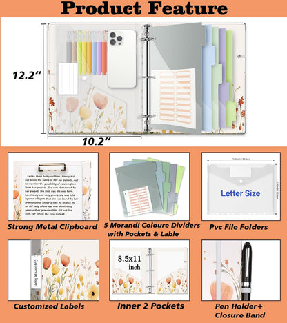 3 Ring Binder 1 Inch, Three Ring Binders Organizer with Clipboard, 5-Tabs Pockets Dividers, Plastic Folder, 18 Divider Stikers, BVSSX Pretty Binder with Pen Loop (Black Weeds, Letter Size)