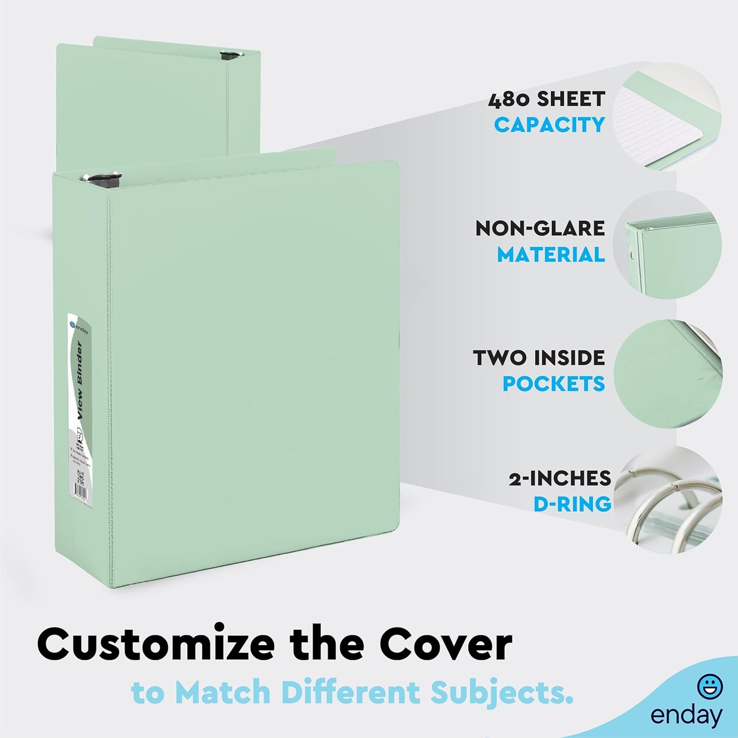 Enday 1.5 Inch Binder, Green - 1.5 Inch 3 Ring Binder, Round Ring Pastel with Clear View Cover for Letter Size 8.5 x 11'' Paper & 2 Inside Pockets, Ideal for School Supplies, Office, and Home