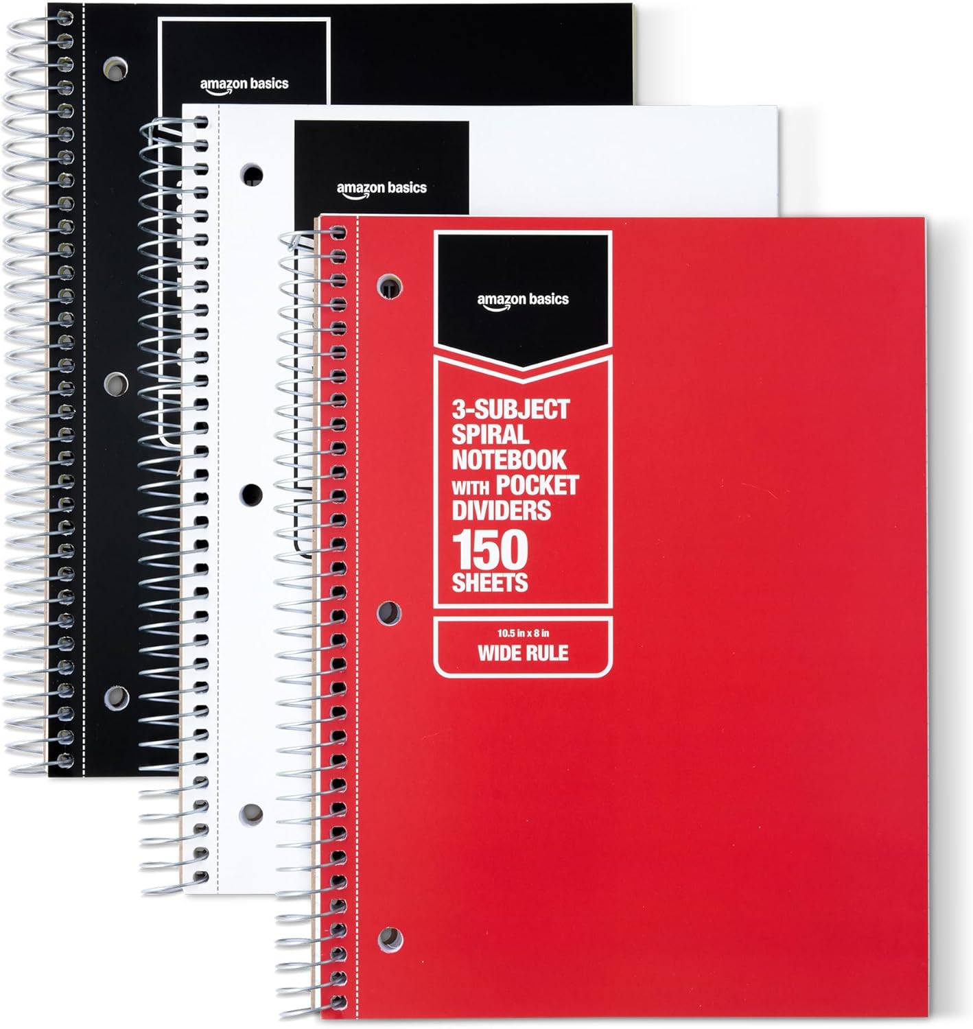 Amazon Basics Wide Ruled 3-Subject Spiral Notebooks with Pocket Dividers, 150 Sheets, 10.5" x 8", Assorted Primary Colors, 3-Pack