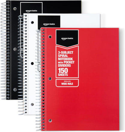 Amazon Basics Wide Ruled 3-Subject Spiral Notebooks with Pocket Dividers, 150 Sheets, 10.5" x 8", Assorted Primary Colors, 3-Pack