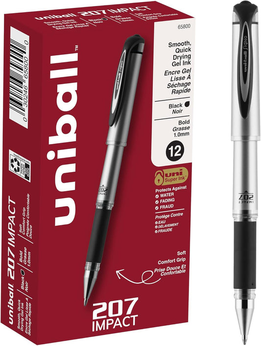 uni-ball® 207™ Impact™ Gel Pens, Bold Point, 1.0 mm, Black; Gray Barrel, Black Ink, Pack Of 12