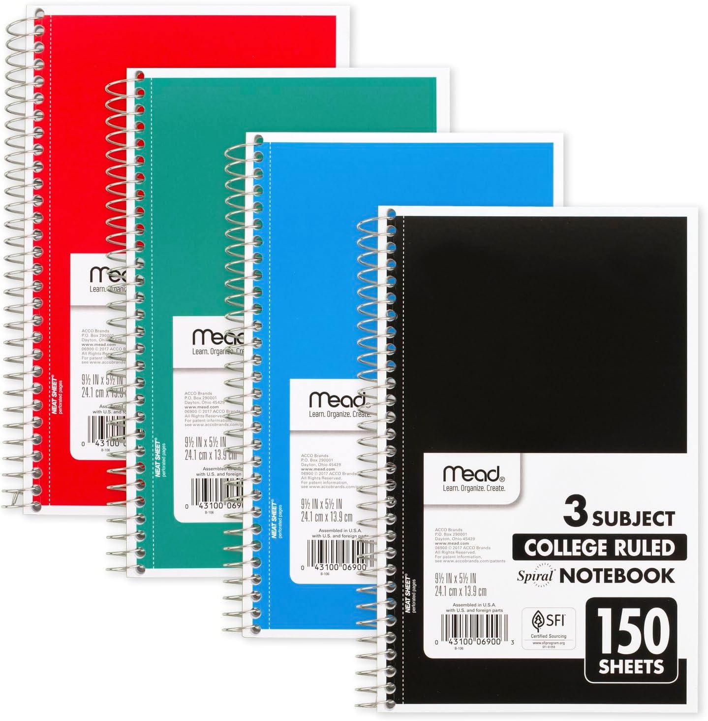 Mead Small Spiral Notebook, 3-Subject, College Ruled Paper, 9-1/2" x 5-1/2", 150 Sheets per Notebook, Color Will Vary, 1 Count (06900)
