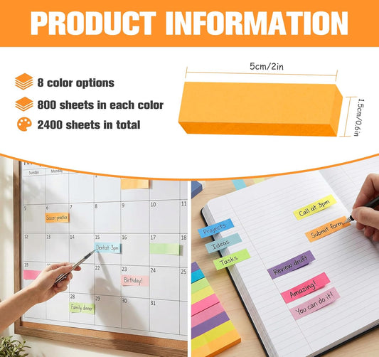 24 Pack Sticky NotesTabs Pads,2400 Sheets Index Tabs,2.99 * 0.62in Small Self-Stick Page Markers,8 Bright Colors Page Flags Mini Self-Stick Pads to Post for Office,School,Home,Meeting,Back to School