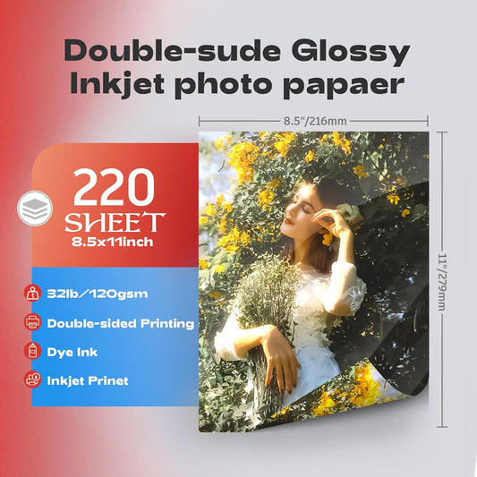 220 Sheets Inkjet Glossy Thin Paper 8.5x11 inch 30lb 120gsm A4 Letter Size For Brochure Printing, Custom Chip Bag Party Favors,Single Side, Suitable for All Dye Ink