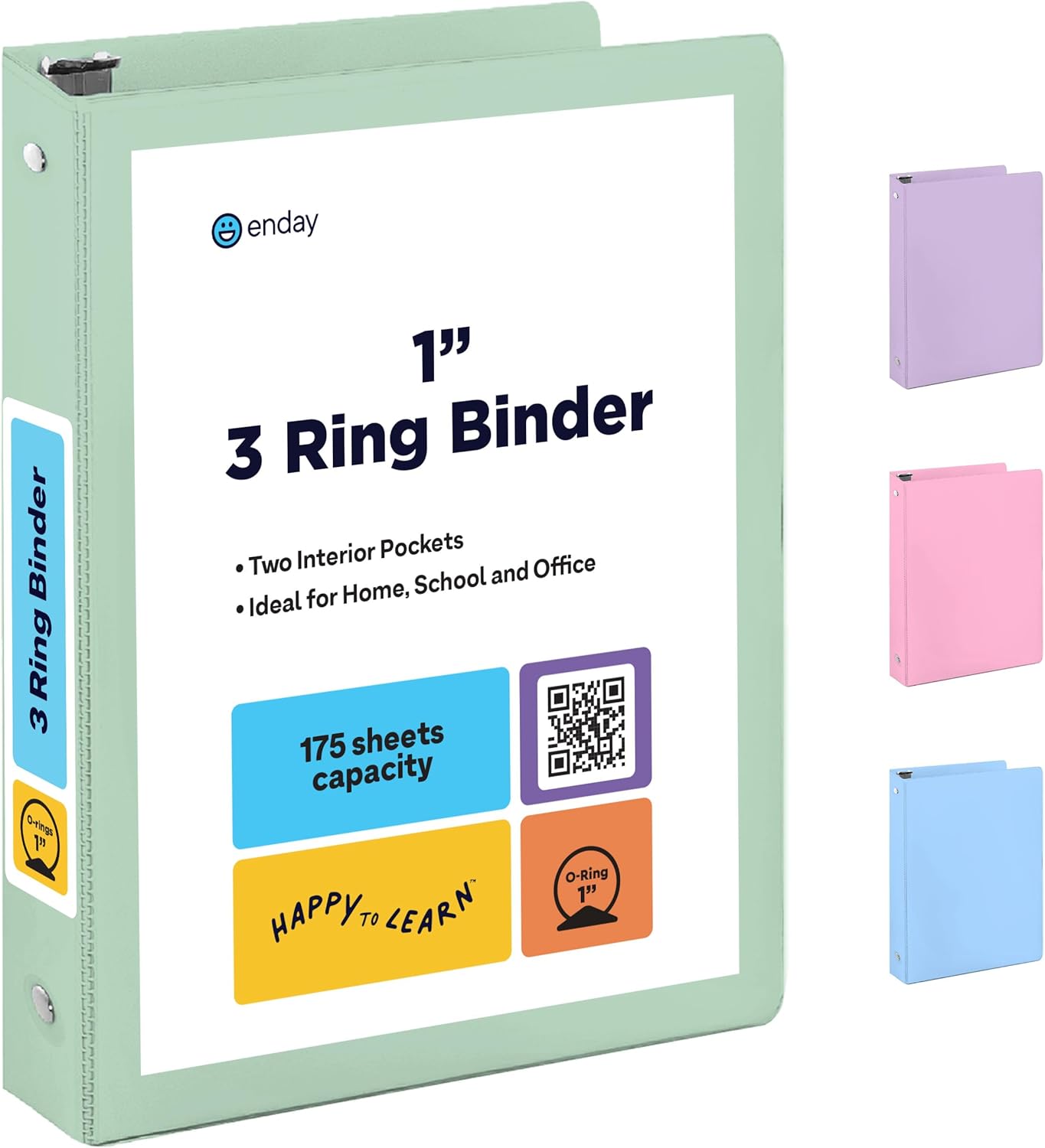 Enday 1.5 Inch Binder, Green - 1.5 Inch 3 Ring Binder, Round Ring Pastel with Clear View Cover for Letter Size 8.5 x 11'' Paper & 2 Inside Pockets, Ideal for School Supplies, Office, and Home