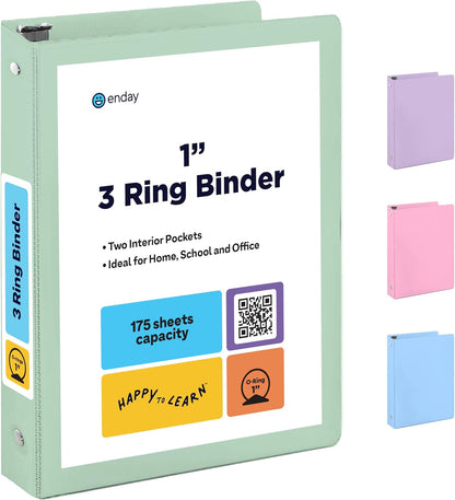 Enday 1.5 Inch Binder, Green - 1.5 Inch 3 Ring Binder, Round Ring Pastel with Clear View Cover for Letter Size 8.5 x 11'' Paper & 2 Inside Pockets, Ideal for School Supplies, Office, and Home