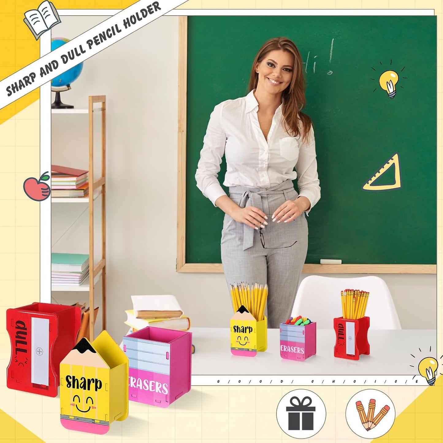 AmazingSpark 3 Pcs Pencil Shaped Holder Sharp and Eraser and Dull Holder Wooden Dispenser Pencil Storage Organizer for Back to School Management Organization (Classic)