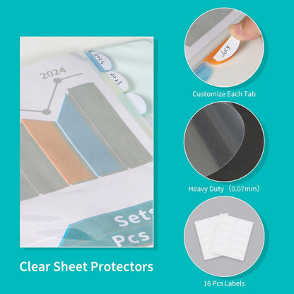 Binditek 128 Pack Heavyduty Clear Sheet Protectors with 8 Tabs, 45 Sheets Capacity, 8.5 x 11 inch Plastic Dividers for 3 Ring Binder, Insertable Index Divider, Letter Size, 16 Set, Label Sticker