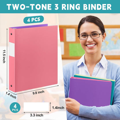 Henoyso 4 Pack Plastic Two-Tone View 3 Ring Binder, 1 Inch Round Ring Binder with Four Inner Pockets, Heavy Duty View Binders for School and Office, Pink, Teal, Purple and Lime (Clear Font Pocket)