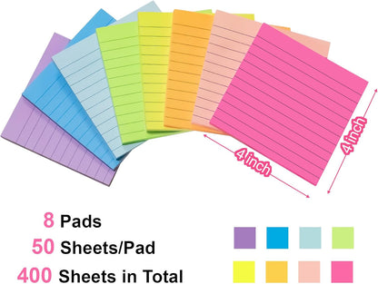 Lined Sticky Notes, 8 Pack Self-Stick Note Pads 4x6, Sticky Notes with Lines it, Strong Adhesive Post for Office & Home Planning, Bright