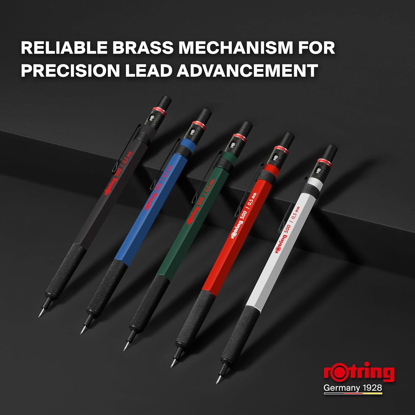 rOtring 500 Mechanical Pencil 0.5mm HB Lead Green hexagonal plastic barrel and non-slip textured metal grip
