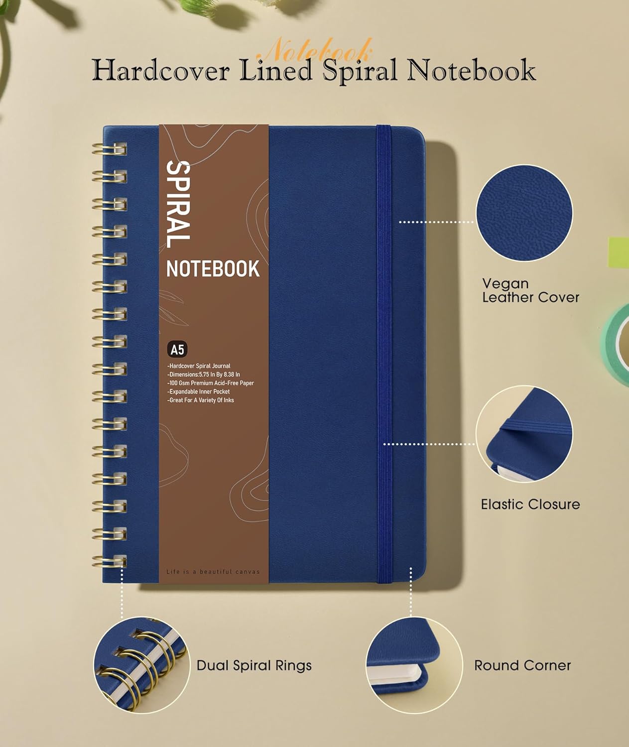 Lined Spiral Journal Notebook, A5 Hardcover Spiral Journals for Women Men, 150 Numbered Pages Spiral Bound Notebook, 100 GSM College Ruled Notebooks for Work, Note Taking 5.75" x 8.38", Olive Green