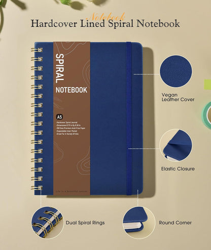 Lined Spiral Journal Notebook, A5 Hardcover Spiral Journals for Women Men, 150 Numbered Pages Spiral Bound Notebook, 100 GSM College Ruled Notebooks for Work, Note Taking 5.75" x 8.38", Olive Green