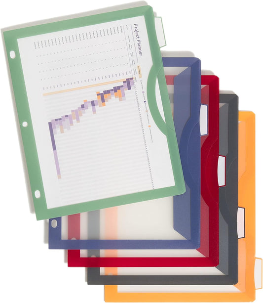 U Brands Poly 5-Tab Three Ring Binder Dividers with Tabs and Pockets, Clear View, 10 Set, Assorted Core Colors, 3-Hole Punched Pocket Dividers