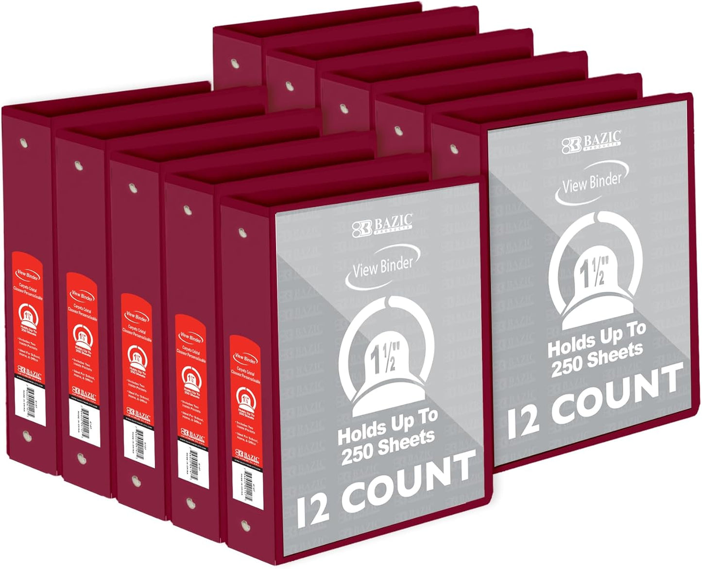 BAZIC Products 3 Ring Binder - Burgundy, Economy View Binder with Clear Overlay Cover and Round Rings, Organizer for School Office Home Use, 1.5-inch Capacity Holds 280 Sheets Paper, 1-Pack