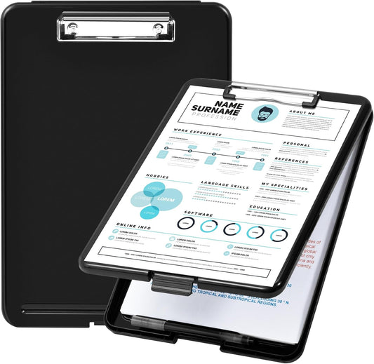 Amazon Basics Sturdy Plastic Storage Clipboard for School & Office Supplies, Lightweight, Black, 2-Pack