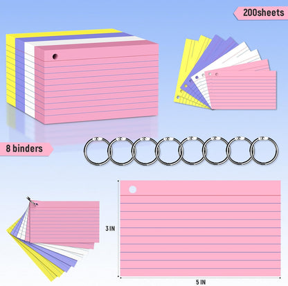 200 Count 3 x 5 Inch Purple Index Cards with Binder Rings, Lined & Blank Study Cards, Thick Cardstock Flash Cards for Students & Teachers, Color-Coded Notecards for School, Home, Work