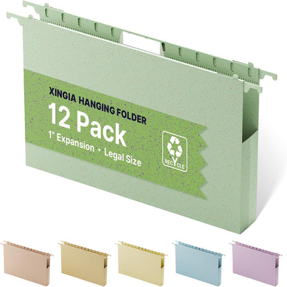 XINGIA Legal Size Hanging File Folders Extra Capacity,1'' Expansion Hanging Folders for Filing Cabinet,12 Pack Wheat Straw File Folders Hanging with Tabs,Pastel Hanging File Organizer for Office