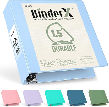 Sooez BinderX Extra Durable 3 Inch 3 Ring Binder, D-Ring Large Binders, Holds 670 Sheets of 8.5x11 Paper, Customizable View Cover with Inside Pockets, Heavy Duty 3 Ring Binder for School, Grey Blue