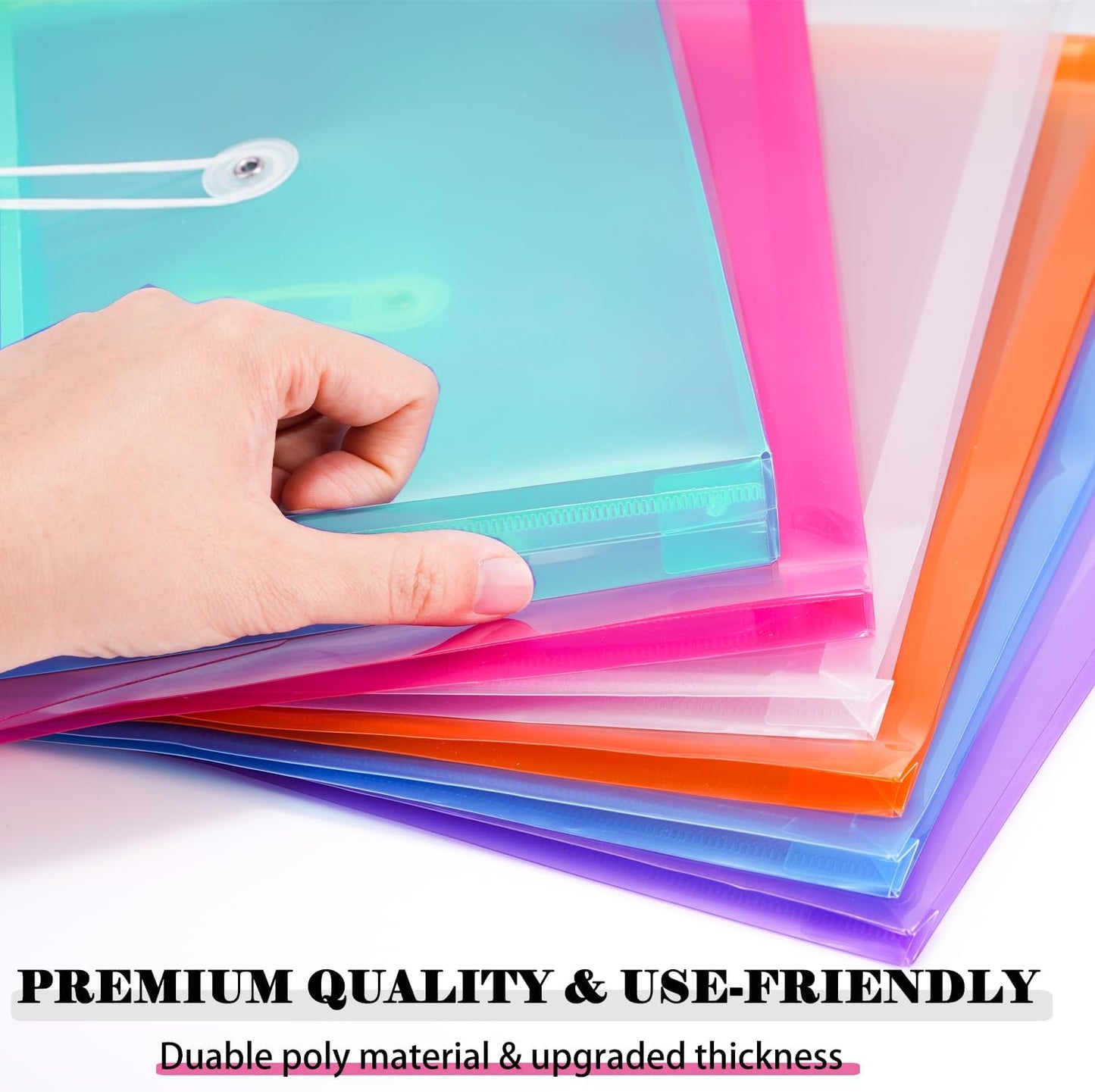 A4 Letter Size Plastic Poly Envelopes with Button and String Tie Closure, 1-1/4" Expansion Clear File Folders Side Loading Documents Organizer for Home School and Office Supplies (7)