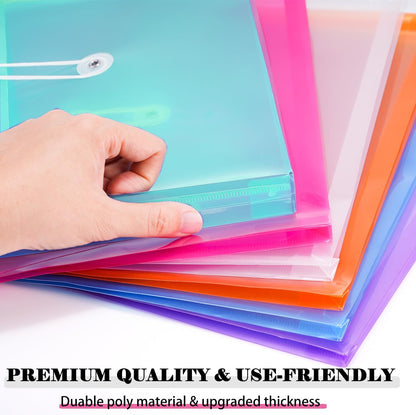 A4 Letter Size Plastic Poly Envelopes with Button and String Tie Closure, 1-1/4" Expansion Clear File Folders Side Loading Documents Organizer for Home School and Office Supplies (7)