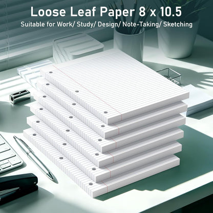 6 Pack Loose Leaf Paper, 120 Sheets Notebook Lined Pads, 8 x 10.5 College Ruled Filler Paper, 3-Hole Punched, White Loose Leaf Notebook Paper for 3 Ring Binders, for Home & Office, School Supplies