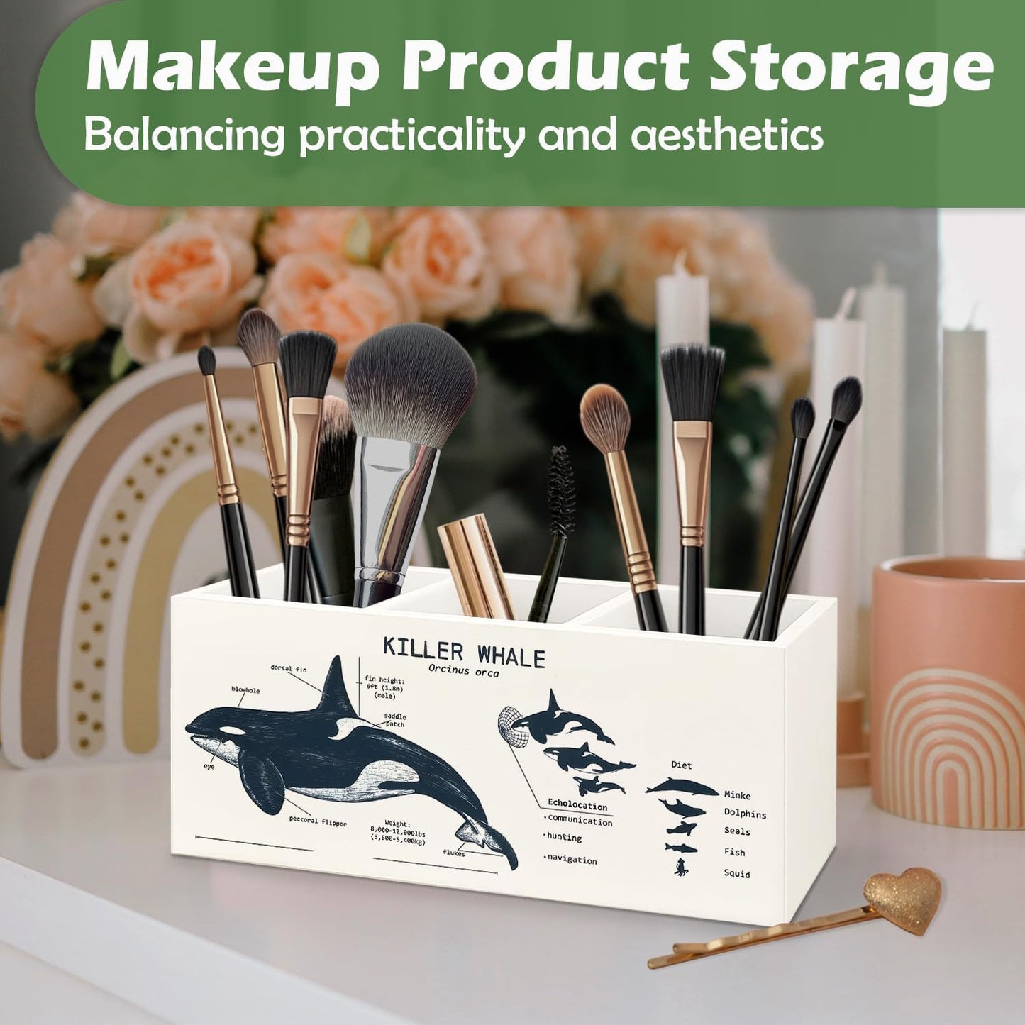 Killer Whale Gifts Wooden Pen Pencil Holder, Whale Shark Gifts for Ocean Lovers, Marine Biology Wooden Makeup Brush Organizer