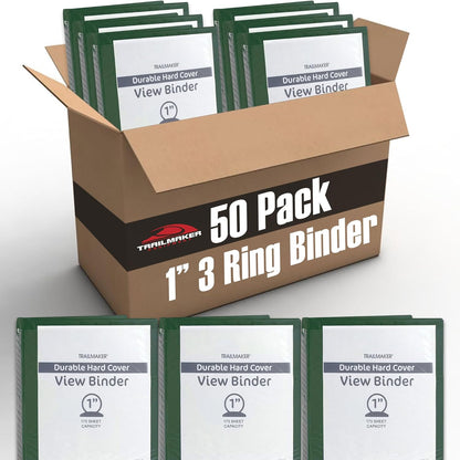 Trail Maker 1 inch Binders (50 Pack), 3 Ring Hardcover Binders in Bulk with Clear View Cover, Pockets for Classroom, Office, Portfolios | Bulk School, Teacher, Office Supplies (White Only Pack)