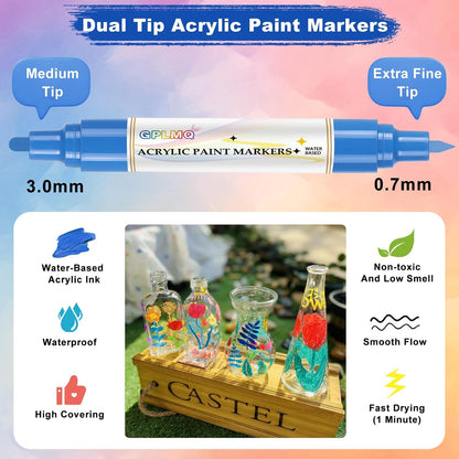 Paint Markers Paint Pens - 2 Pack Dual Tip Acrylic Permanent Marker (0.7mm & 3mm), Non-Toxic, Water-Based for Art Painting, Stone, Ceramic, Glass, Wood, Fabric, Metal, DIY Crafts (White)