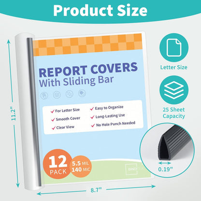 Binditek 12 Pack Clear Report Covers with Sliding Bars, 25 Sheet Capacity, 5mm Binding Bars, Letter Size, 5.5 Mil Thick, Black, for Students and Coworkers