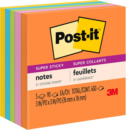Post-it Super Sticky Notes, 5 Sticky Note Pads, 3 x 3 in., School Supplies for Students, Ideal for Textbooks, Notebooks, Walls and Vertical Surfaces, Energy Boost Collection