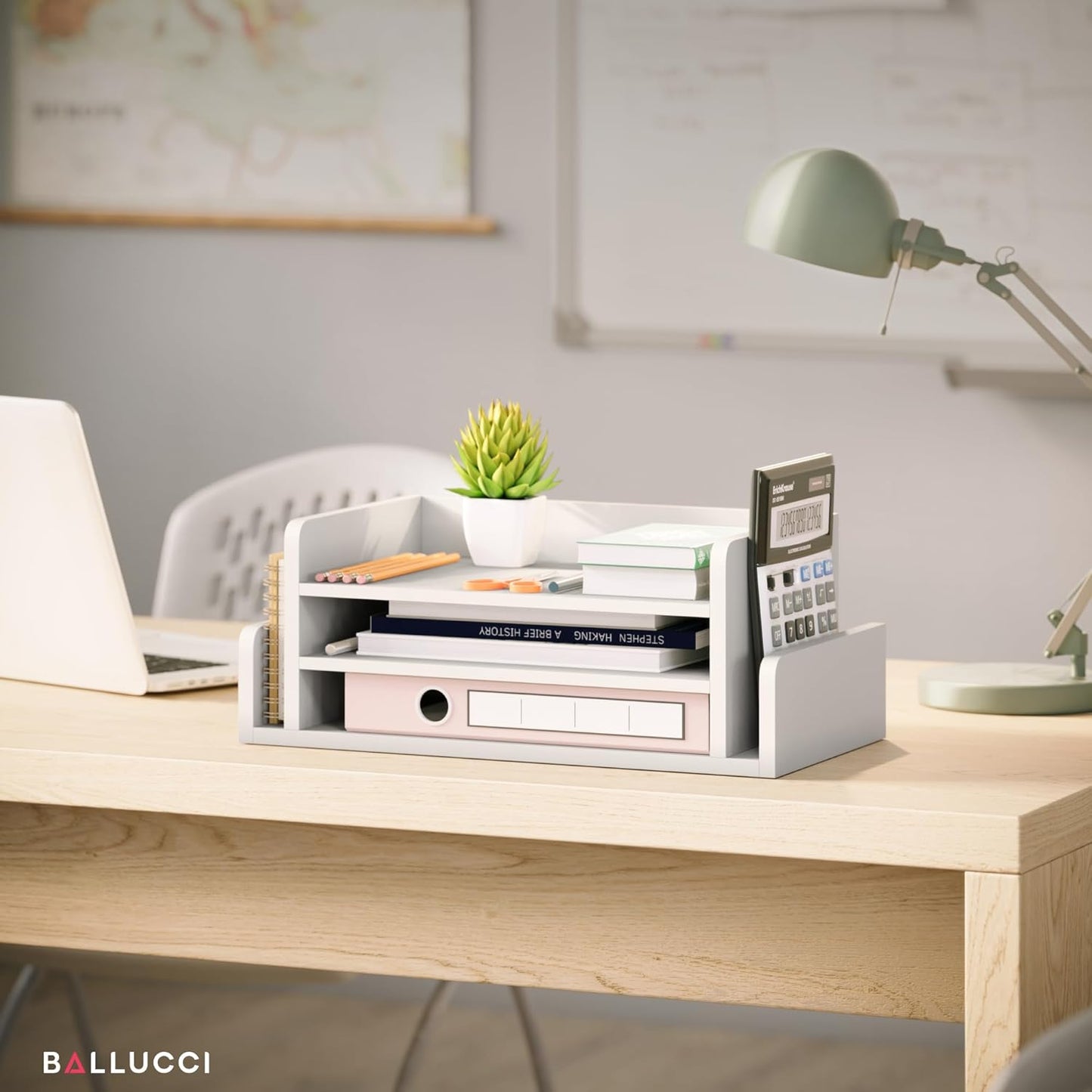 Ballucci 3-Tier Desk Organizer with 2 Side Mail Sorter Slots, Wood Letter Tray, Open Top Paper Organizer, Desktop File Organizer, Black