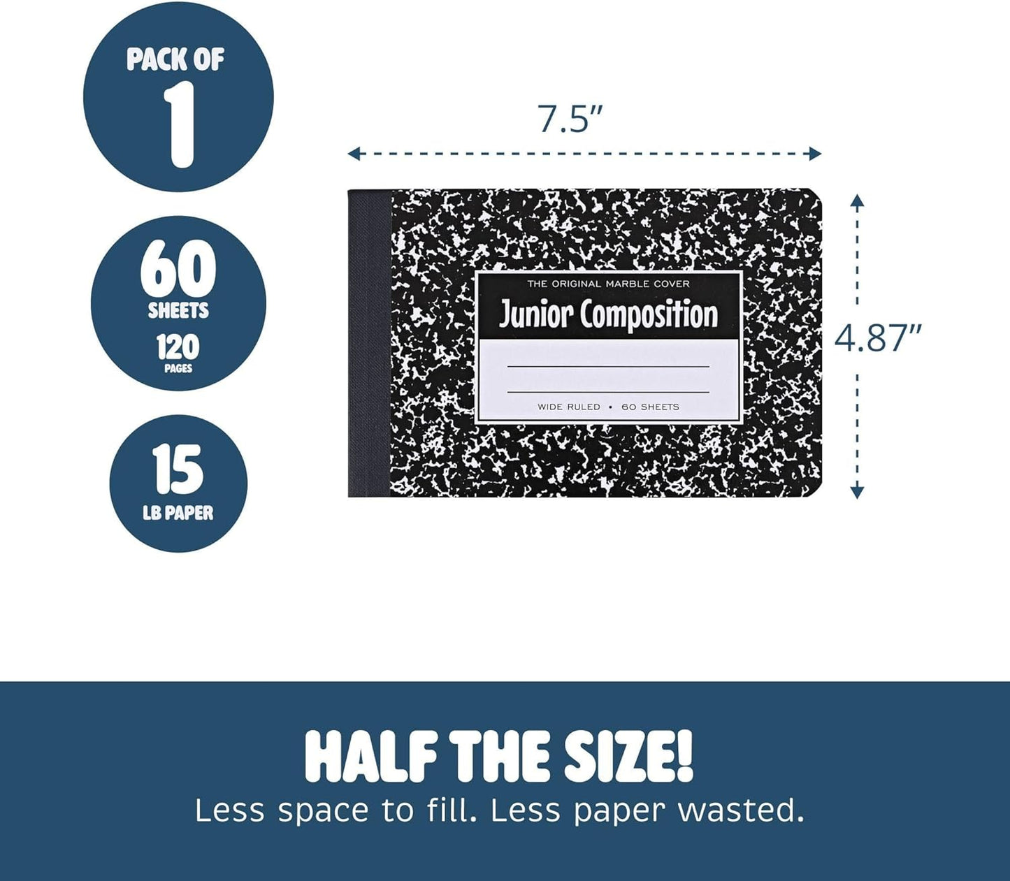 ROARING SPRING Junior Marble Composition Books, 12-Pack, Specially Sized 4.875"x7.5" for Smaller Users, 60 Sheets 15# White Wide Ruled Paper, Hard Board Covers, Black Marble (77125)