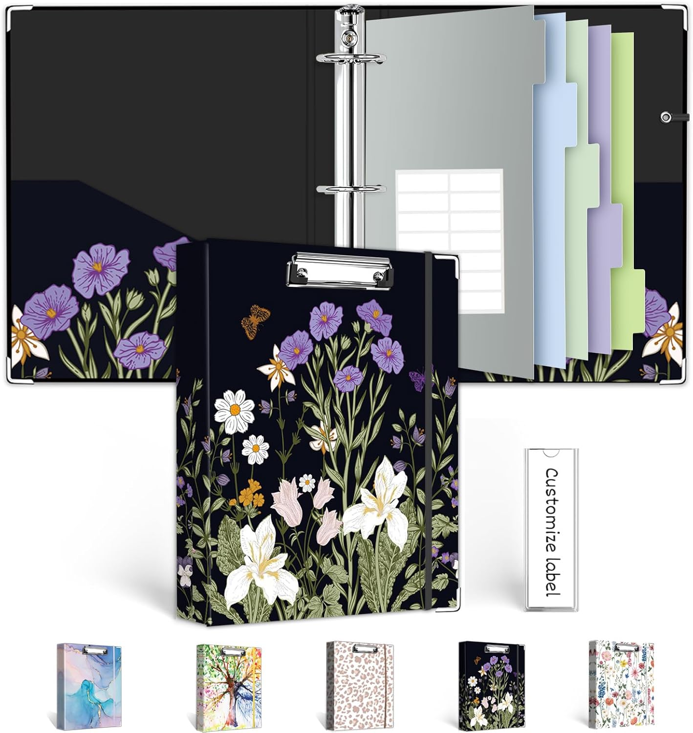 3 Ring Binder 1 Inch, Three Ring Binders Organizer with Clipboard, 5-Tabs Pockets Dividers, Plastic Folder, 18 Divider Stikers, BVSSX Pretty Binder with Pen Loop (Black Weeds, Letter Size)
