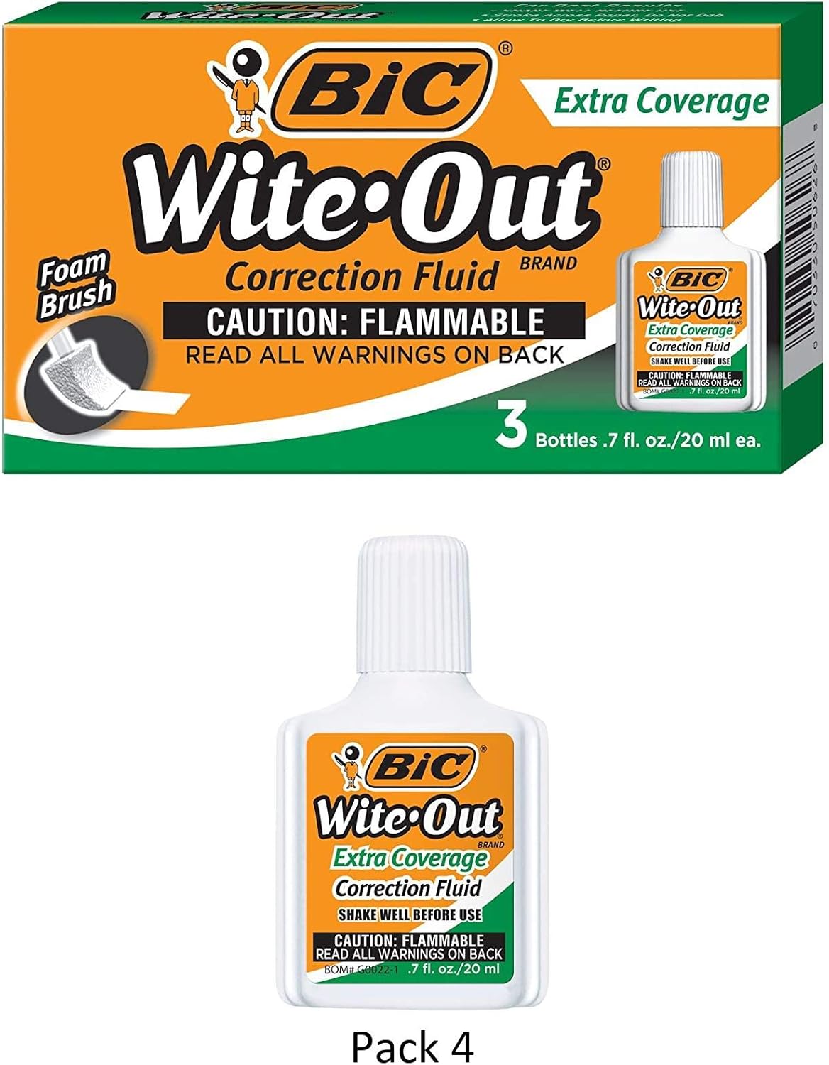 BIC Wite-Out Brand Extra Coverage Correction Fluid, 20 ml, White, 3-Count, 4 Pack