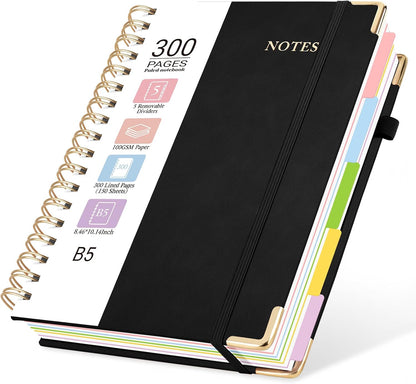 Hardcover Spiral Journal Notebook, 300 Pages 5 Subject Notebook College Ruled with Removable Dividers Tabs, 8" x 10" Notebooks for Work, Spiral Ruled Lined Writing Journal Hardcover Leather Notebook for School (Black, 8''x 10'')