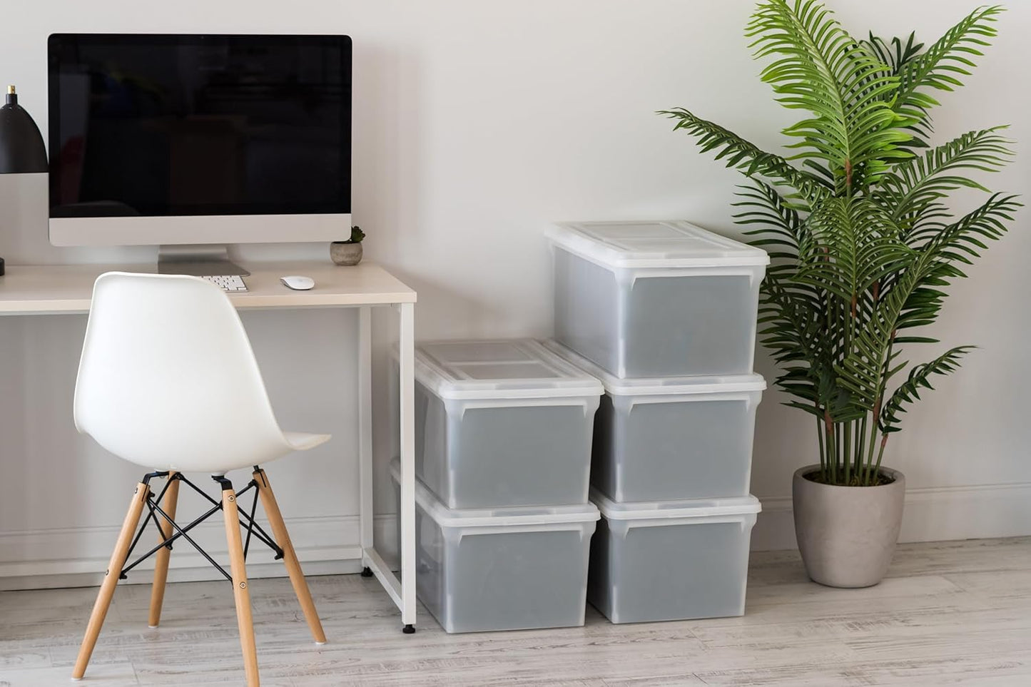 IRIS USA File Box, File Organizer w/Hinged Split Lid for Letter File, Important Document Box, Plastic Storage Filing Bin for Moving, Stackable Nestable Portable, Pearl 44 Qt. 4 Pack