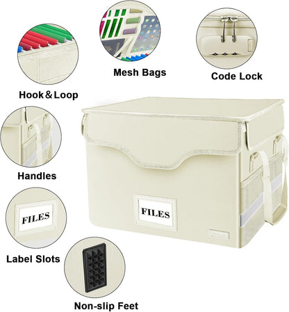 DocSafe Fireproof Document Box with Lock, File Storage Organizer with Mesh Pockets, Collapsible Portable File Box Home Office Safe Filing Cabinet with Handle for Hanging Letter/Legal Folder, Black