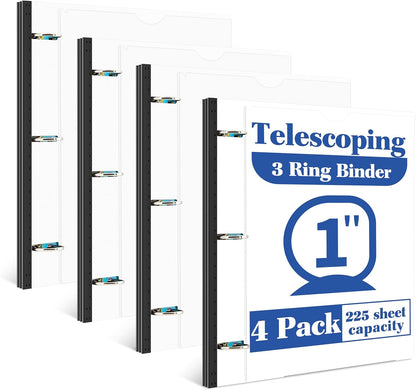 INFUN Telescoping 3 Ring Binder - 4PCS, Portable Plastic 3 Ring Binder with Telescoping Spine, Binders with Foldable Front Cover Holds 8.5"x11" Paper for School, Office, Homes