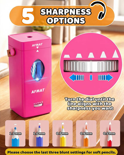 AFMAT Electric Pencil Sharpener, Rechargeable & Cordless, Fully Automatic Pencil Sharpener for Classroom, Auto in & Out, 5 Sharpness Modes, Heavy Duty Sharpeners for 6-12mm No.2/Jumbo Pencils PSC7