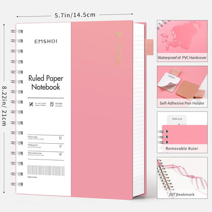 EMSHOI A5 Spiral Notebook College Ruled Lined Journal, Small 5.7" X 8.22", 300 Pages/150 Sheets, 100gsm Thick Paper, Waterproof Hardcover, for Office School Women Men Work Writing Notes, Blue