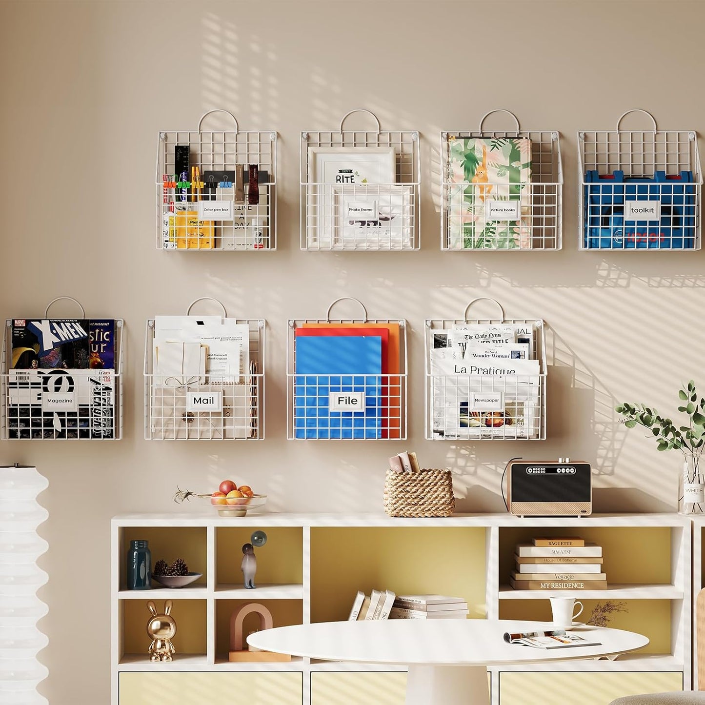 Yuzehuaza Hanging Wall File Organizer Metal Wall Mounted File Holder Folder with Handles and Hooks, Magazine Document Rack, for Home Office or Decor, 3 Packs (Patent Pending)