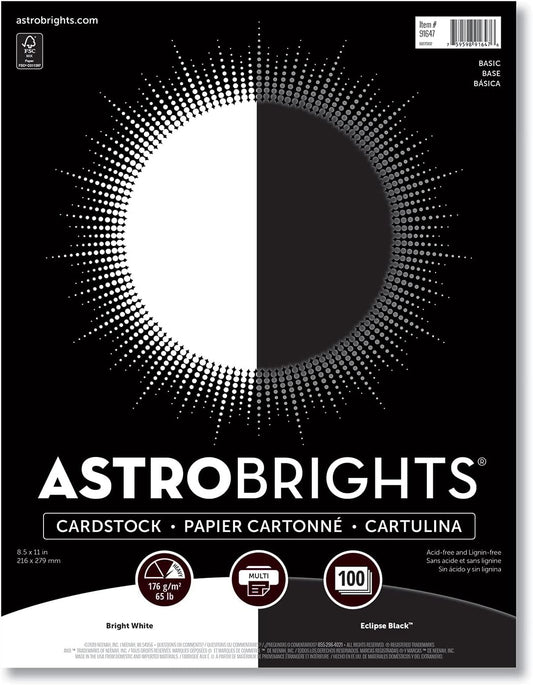 Astrobrights Cardstock, 8.5" x 11", 65 lb./176 gm, Black & White Assortment, 100 Sheets (91647)
