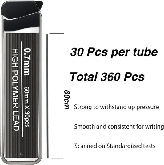 HESTYA 360 Pcs Colored Mechanical Pencil Leads Refills 0.7 mm HB Black Mechanical Pencil Refills, 7 Assorted Colors and Black with Convenient Dispensers for Office Supplies