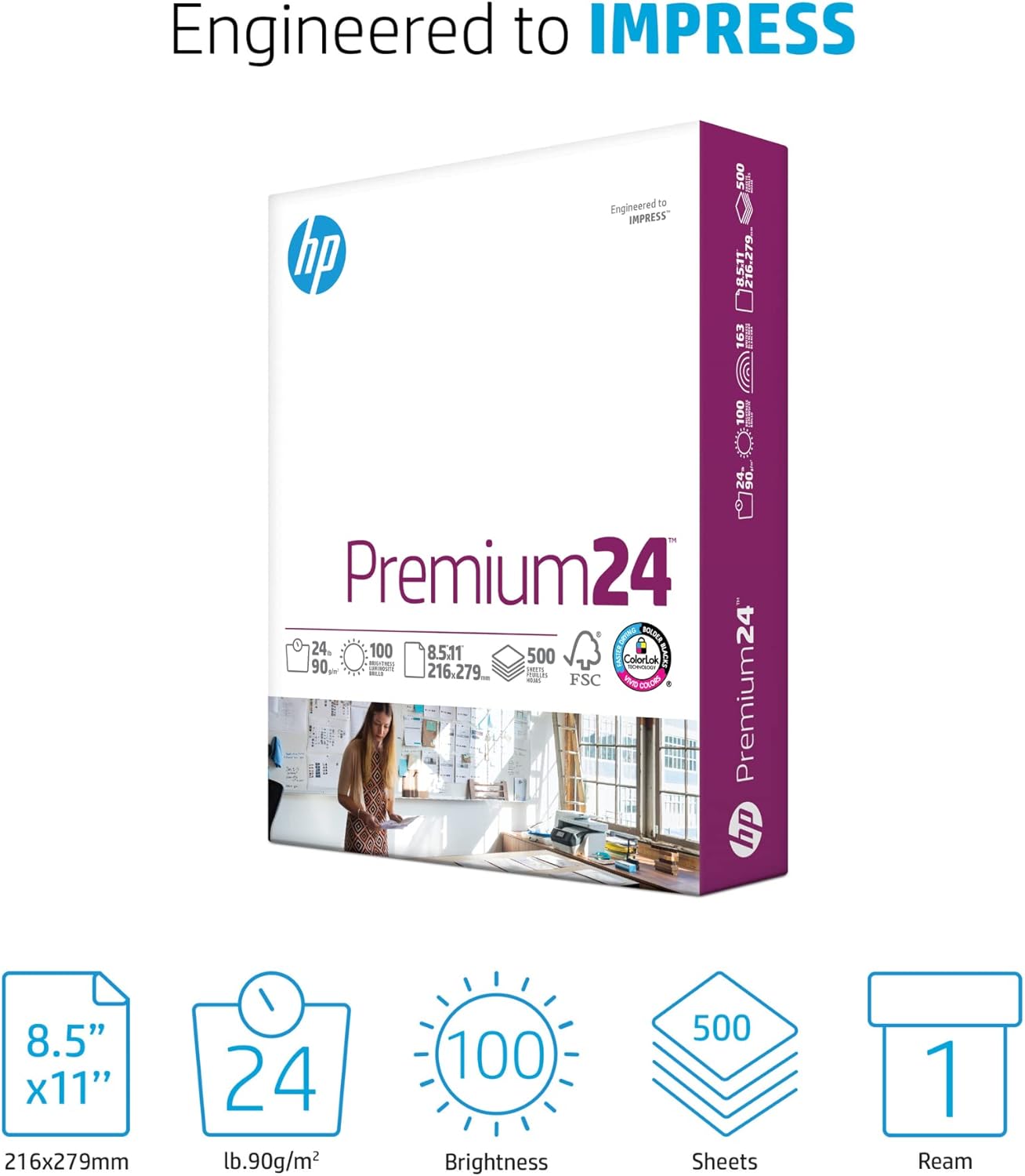 HP Printer Paper | 8.5 x 11 Paper | Premium 24 lb | 1 Ream - 500 Sheets | 100 Bright | Made in USA - FSC Certified | 112400R